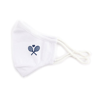 white face mask with navy crossed racquets printed on one side